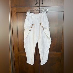 ⚜️ CALLISI LINEN HAREM PANTS TROUSER LAGENLOOK ART BUTTON ACCENTS WHITE LINEN ⚜️